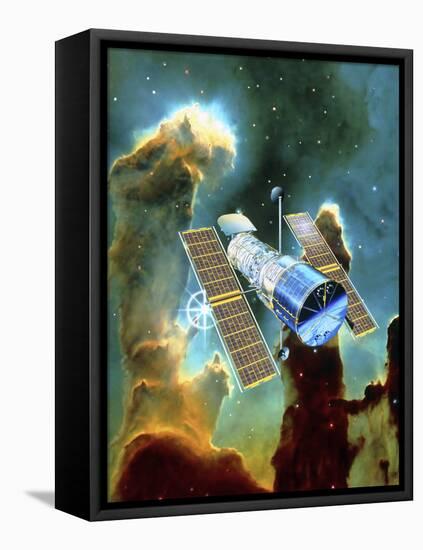 Artwork of Hubble Space Telescope And Eagle Nebula-David Ducros-Framed Stretched Canvas