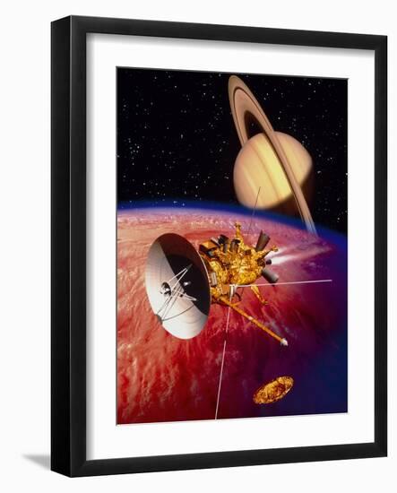 Artwork of the Cassini Spacecraft Near Titan-David Ducros-Framed Photographic Print