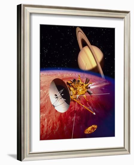 Artwork of the Cassini Spacecraft Near Titan-David Ducros-Framed Photographic Print