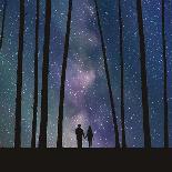 Lovers in Forest. Vector Illustration with Silhouette of Loving Couple under Starry Sky. Can Be Use-arvitalyaa-Mounted Art Print