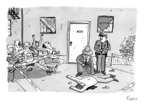 As police and a detective examine a murder scene, runners run through the … - New Yorker Cartoon' Premium Giclee Print - Zachary Kanin As police and a detective examine a murder scene, runners run through the … - New Yorker Cartoon' Premium Giclee Print - Zachary Kanin