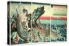 Asahina Saburo and the Crocodiles, Pub. 1849 (Colour Woodblock Print)-Kuniyoshi Utagawa-Stretched Canvas