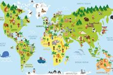 Funny Cartoon World Map with Children of Different Nationalities, Animals and Monuments of All the-asantosg-Art Print