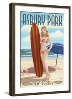 Asbury Park, New Jersey - Surfer Pinup Girl-Lantern Press-Framed Art Print