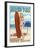 Asbury Park, New Jersey - Surfer Pinup Girl-Lantern Press-Framed Art Print