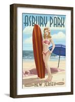 Asbury Park, New Jersey - Surfer Pinup Girl-Lantern Press-Framed Art Print