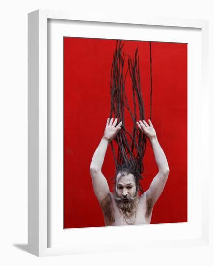 Ash-Smeared Naked Hindu Holy Man, Displays His Dreadlocks after Bathing in the River Ganges-null-Framed Photographic Print