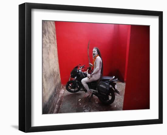 Ash Smeared Naked Hindu Holy Man, Poses on a Motorcycle at the Kumbh Mela Festival in India-null-Framed Photographic Print