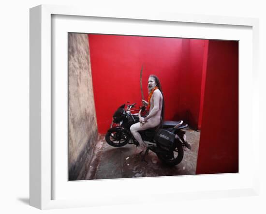 Ash Smeared Naked Hindu Holy Man, Poses on a Motorcycle at the Kumbh Mela Festival in India-null-Framed Photographic Print