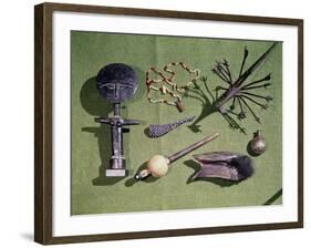 Ashanti Doll, Zulu Horn and Necklace,Yoruba Iron Instrument and Flask, Cameroon-null-Framed Photographic Print