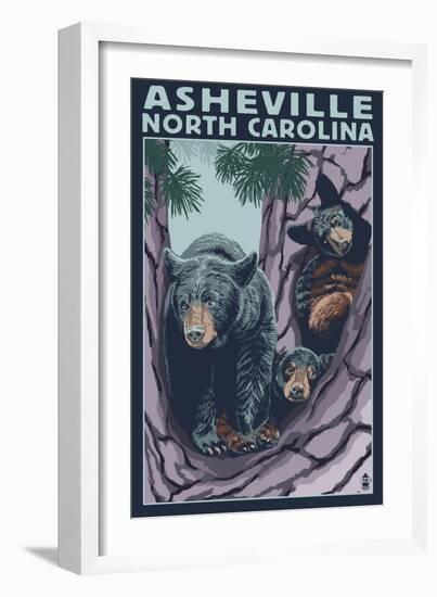 Asheville, North Carolina - Bear Family in Tree-Lantern Press-Framed Art Print