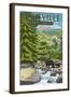 Asheville, North Carolina - Black Bears and Stream-Lantern Press-Framed Art Print