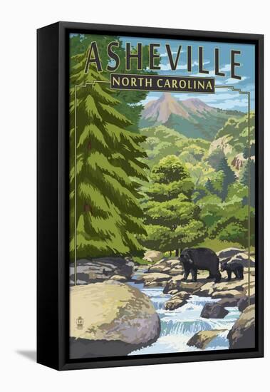 Asheville, North Carolina - Black Bears and Stream-Lantern Press-Framed Stretched Canvas