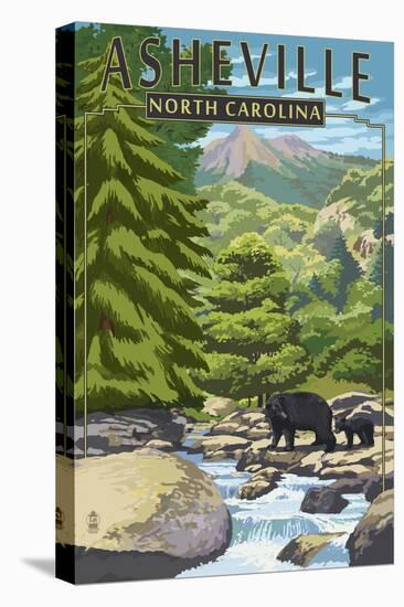 Asheville, North Carolina - Black Bears and Stream-Lantern Press-Stretched Canvas