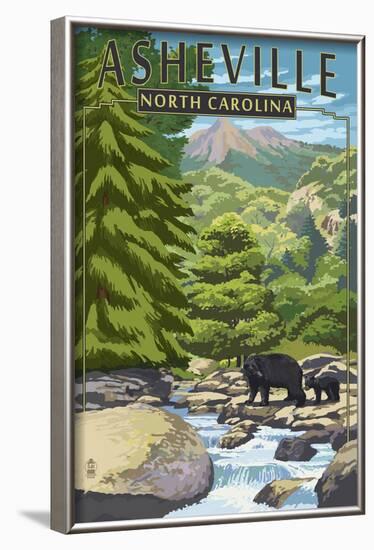 Asheville, North Carolina - Black Bears and Stream-Lantern Press-Framed Art Print