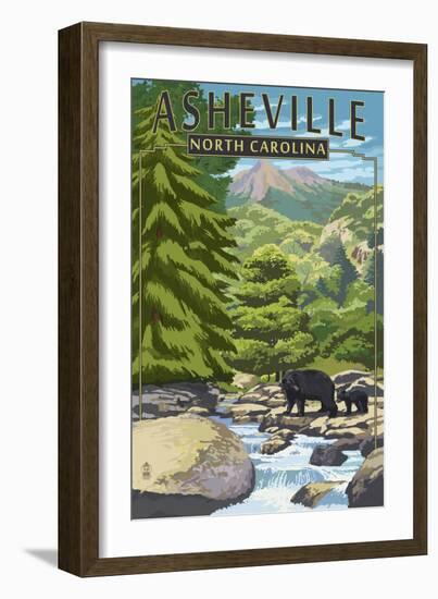 Asheville, North Carolina - Black Bears and Stream-Lantern Press-Framed Art Print