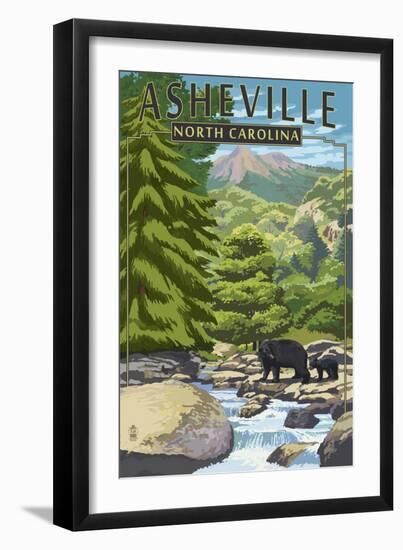 Asheville, North Carolina - Black Bears and Stream-Lantern Press-Framed Art Print