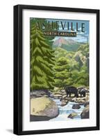 Asheville, North Carolina - Black Bears and Stream-Lantern Press-Framed Art Print