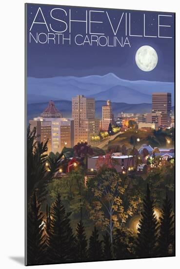 Asheville, North Carolina - Skyline at Night-Lantern Press-Mounted Art Print