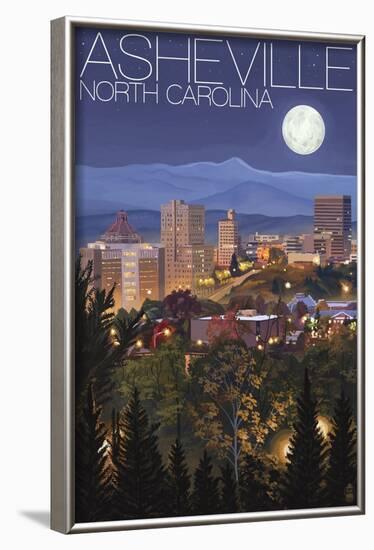 Asheville, North Carolina - Skyline at Night-Lantern Press-Framed Art Print