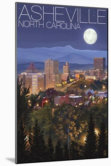 Asheville, North Carolina - Skyline at Night-Lantern Press-Mounted Art Print