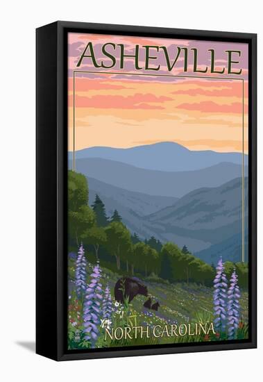 Asheville, North Carolina - Spring Flowers and Bear Family-Lantern Press-Framed Stretched Canvas
