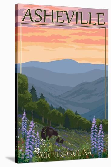 Asheville, North Carolina - Spring Flowers and Bear Family-Lantern Press-Stretched Canvas