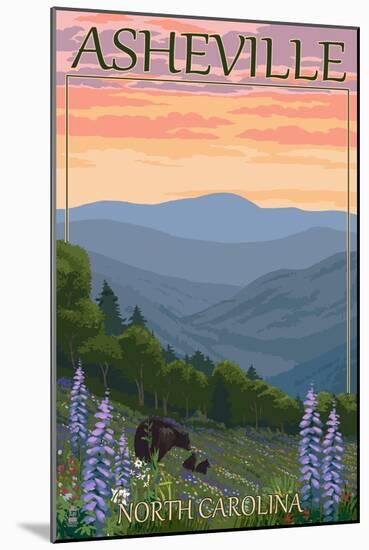 Asheville, North Carolina - Spring Flowers and Bear Family-Lantern Press-Mounted Art Print