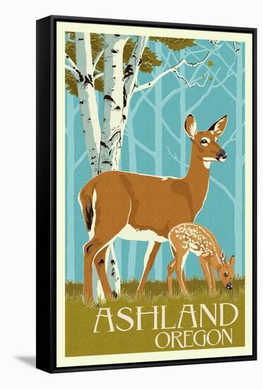 Ashland, Oregon - Deer and Fawn - Letterpress-Lantern Press-Framed Stretched Canvas