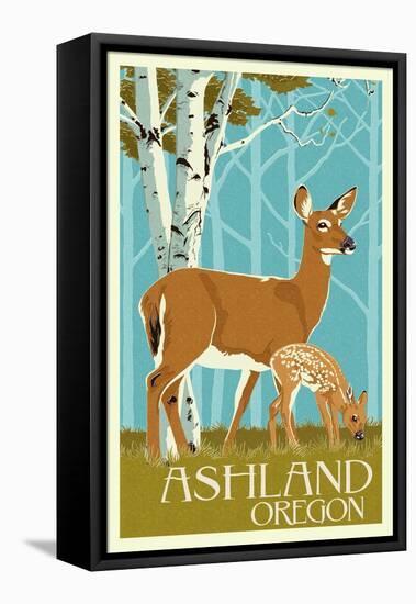 Ashland, Oregon - Deer and Fawn - Letterpress-Lantern Press-Framed Stretched Canvas