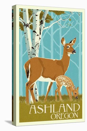 Ashland, Oregon - Deer and Fawn - Letterpress-Lantern Press-Stretched Canvas