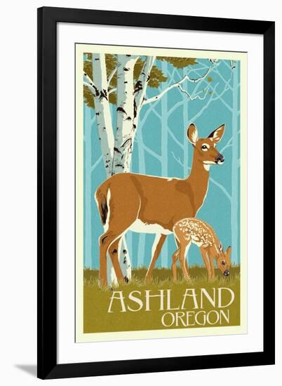 Ashland, Oregon - Deer and Fawn - Letterpress-Lantern Press-Framed Art Print