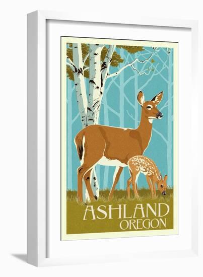 Ashland, Oregon - Deer and Fawn - Letterpress-Lantern Press-Framed Art Print