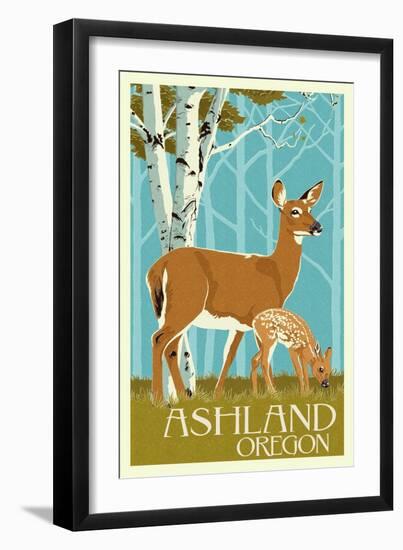 Ashland, Oregon - Deer and Fawn - Letterpress-Lantern Press-Framed Art Print