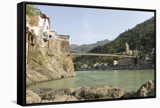 Ashrams on Banks of River Ganges, Lakshman Jhula, Rishikesh, India-Tony Waltham-Framed Stretched Canvas