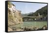 Ashrams on Banks of River Ganges, Lakshman Jhula, Rishikesh, India-Tony Waltham-Framed Stretched Canvas