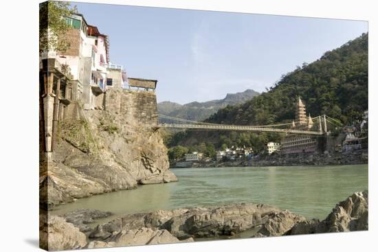 Ashrams on Banks of River Ganges, Lakshman Jhula, Rishikesh, India-Tony Waltham-Stretched Canvas