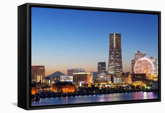 Asia, Japan, Honshu, Yokohama Bay, City Skyline and Mt Fuji, Landmark Tower-Christian Kober-Framed Stretched Canvas