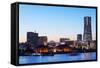 Asia, Japan, Honshu, Yokohama Bay, City Skyline and Mt Fuji, Landmark Tower-Christian Kober-Framed Stretched Canvas