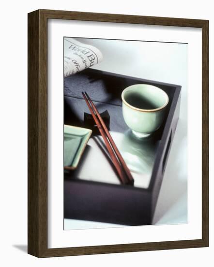Asian Bowl, Chopsticks and Newspaper on Tray-Kolabas Hulya-Framed Photographic Print