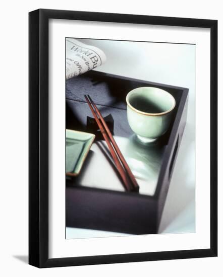 Asian Bowl, Chopsticks and Newspaper on Tray-Kolabas Hulya-Framed Photographic Print