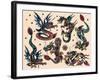 Asian Dragons, Authentic Vintage Tatooo Flash by Norman Collins, aka, Sailor Jerry-Piddix-Framed Art Print