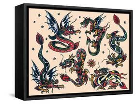 Asian Dragons, Authentic Vintage Tatooo Flash by Norman Collins, aka, Sailor Jerry-Piddix-Framed Stretched Canvas