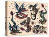 Asian Dragons, Authentic Vintage Tatooo Flash by Norman Collins, aka, Sailor Jerry-Piddix-Stretched Canvas