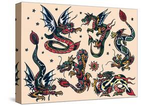Asian Dragons, Authentic Vintage Tatooo Flash by Norman Collins, aka, Sailor Jerry-Piddix-Stretched Canvas