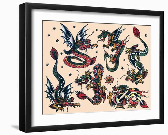 Asian Dragons, Authentic Vintage Tatooo Flash by Norman Collins, aka, Sailor Jerry-Piddix-Framed Art Print