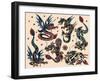 Asian Dragons, Authentic Vintage Tatooo Flash by Norman Collins, aka, Sailor Jerry-Piddix-Framed Art Print