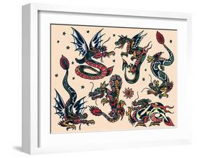 Asian Dragons, Authentic Vintage Tatooo Flash by Norman Collins, aka, Sailor Jerry-Piddix-Framed Art Print