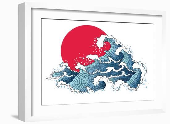 Asian Illustration of Ocean Waves and Sun. Isolated on a White Background.-Annykos-Framed Art Print