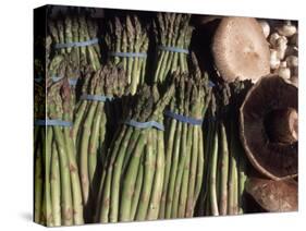 Asparagus and Mushrooms at Stall in Pike Place Market, Seattle, Washington, USA-Connie Ricca-Stretched Canvas